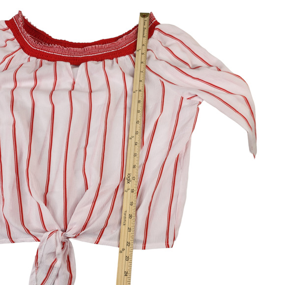 Pink Red Striped Blouse Juniors XXL Front Tie Puff Sleeve Scoop Neck Keyhole - Picture 8 of 12